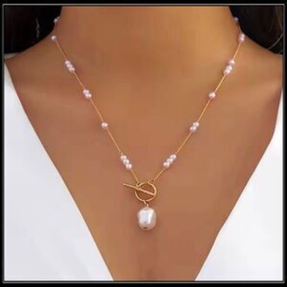 Jewelry - NEW GOLD STEEL CHAIN PEARL TOGGLE PENDANT NECKLACE